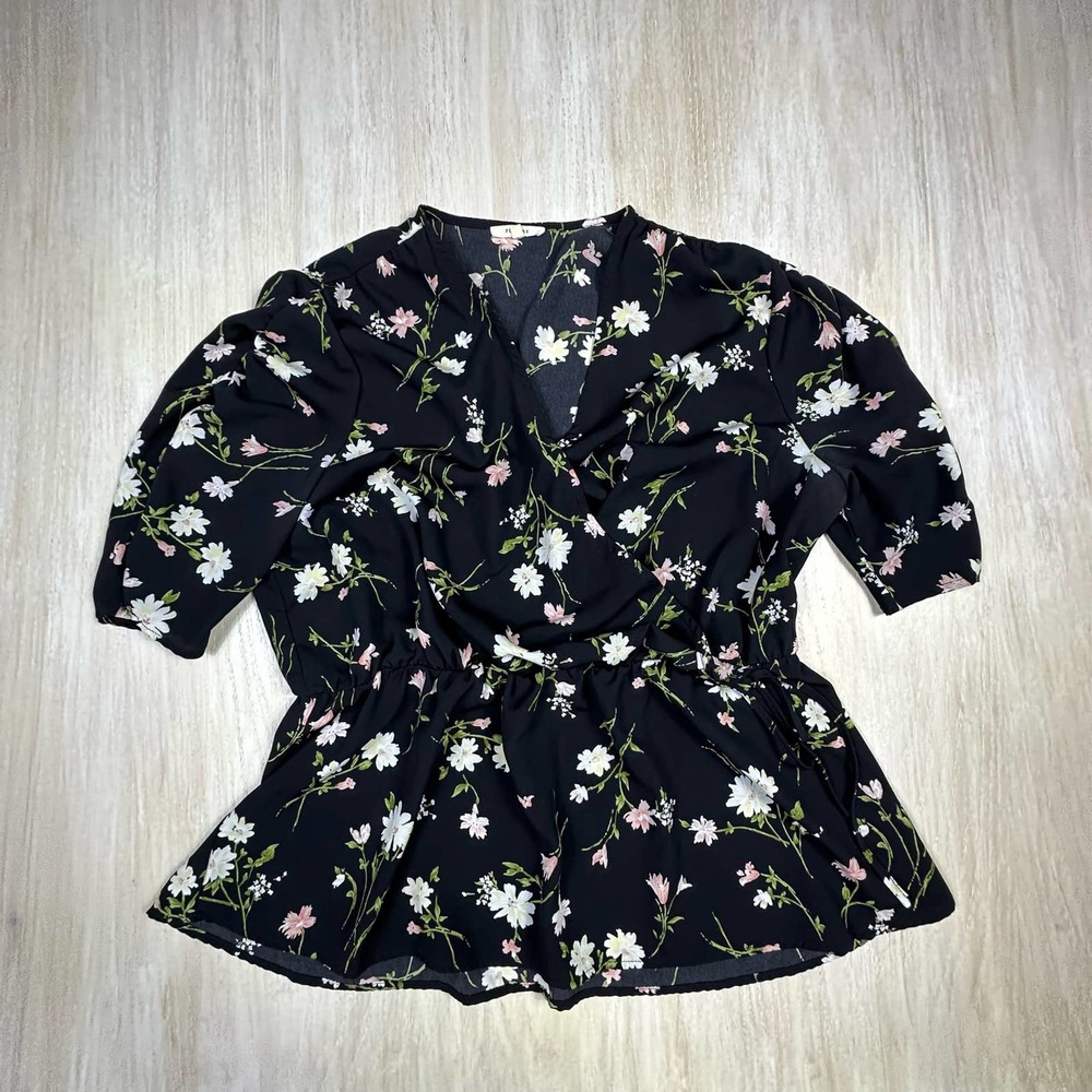 Anthropologie Pleione Faux Wrap Floral Ruched Sleeves Blouse Size XL